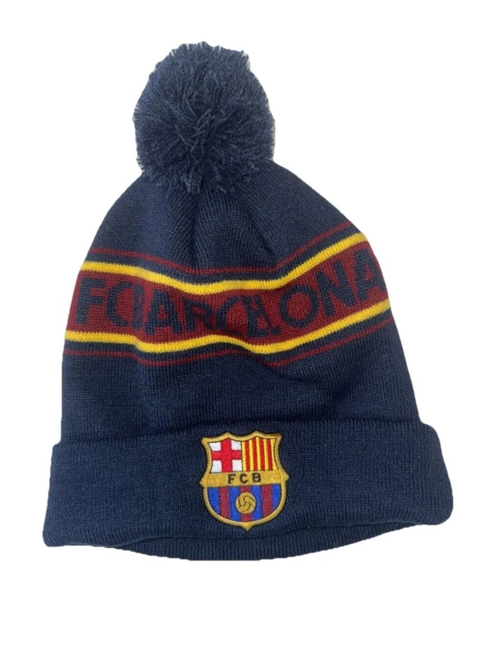 FC Barcelona FCB Knit Beanie Pom Hat Navy Red Yellow Soccer Football Club Crest